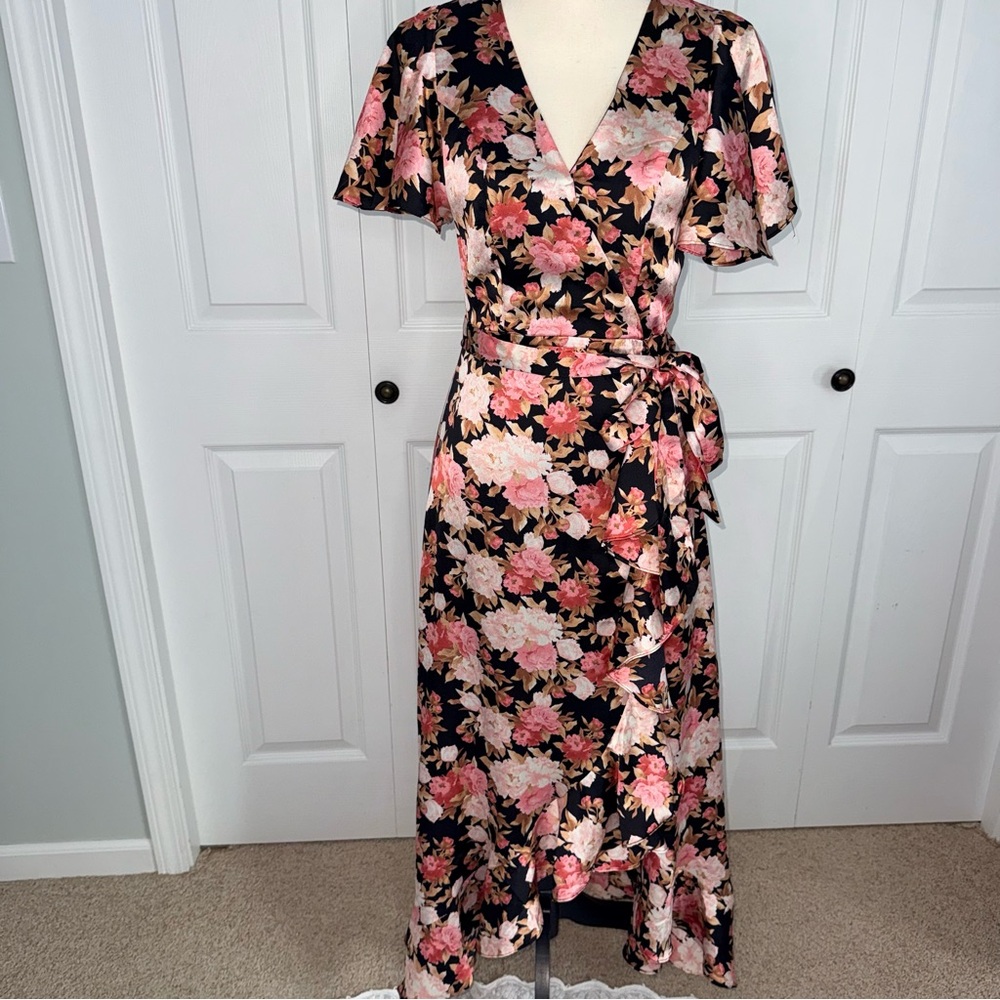 Aura Black and Pink Floral Flutter Sleeve wedding guest Spring Maxi Dress XS